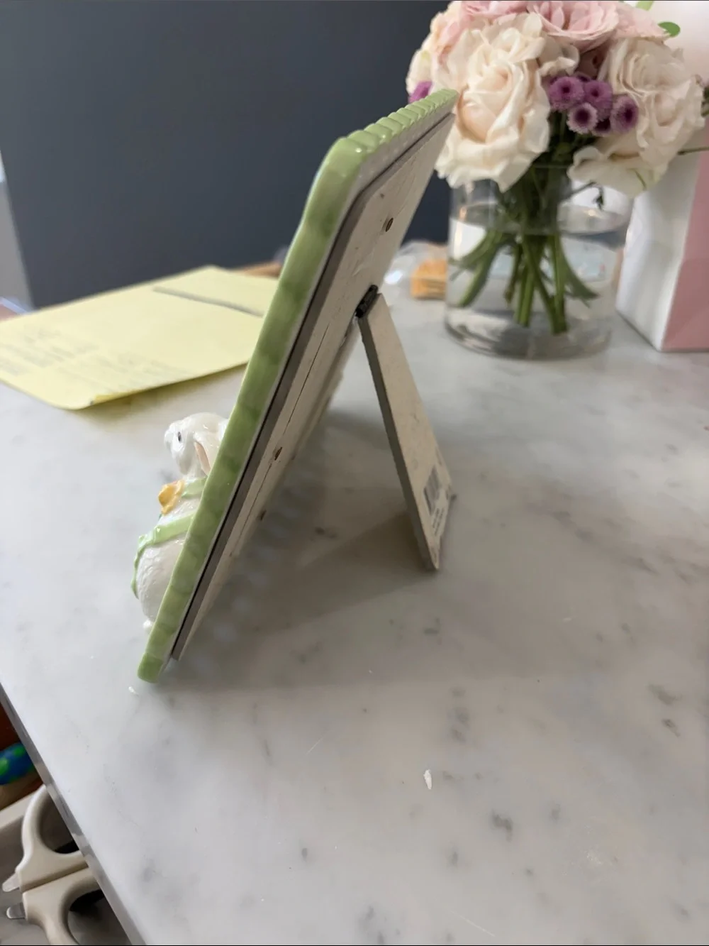 Belleek White Ceramic Bunny Frame with Pastel Green, Yellow and Pink Accents